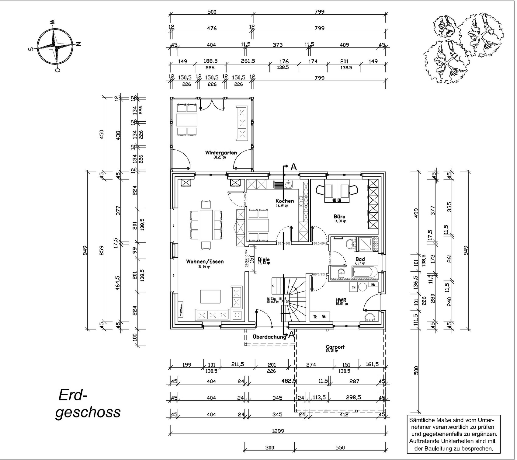 Erdgeschoss-Grundriss mit Wohnen/Essen, Küche, Wintergarten, Büro, Bad, HWR, Carport.