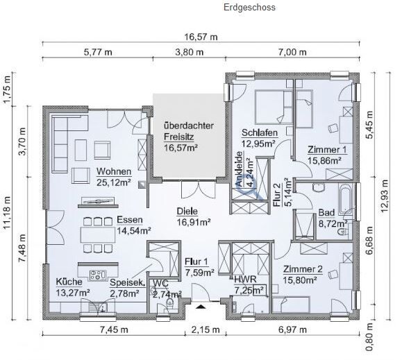 Grundriss Erdgeschoss: Wohnzimmer, Küche, Essen, Flure, Schlafzimmer, Bad, HWR, überdachter Freisitz.