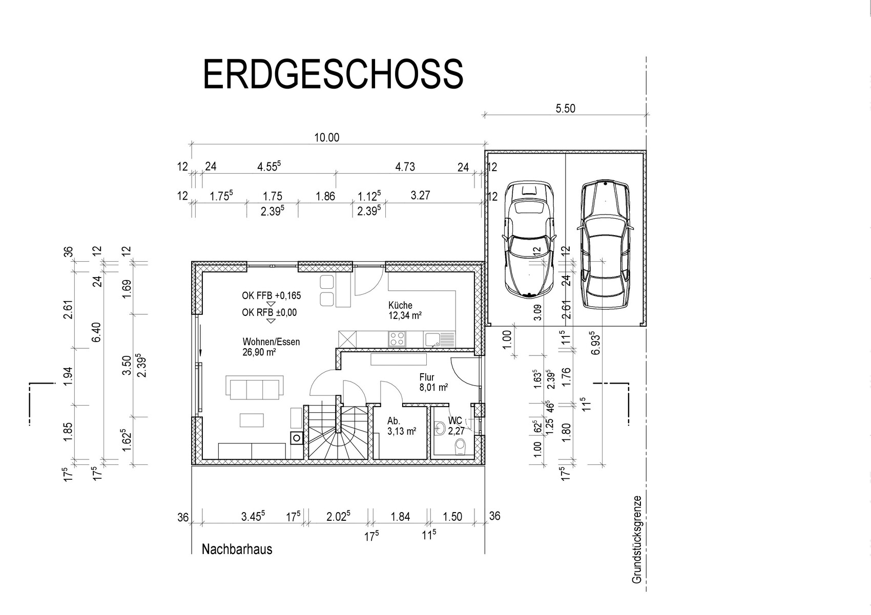 Grundriss Erdgeschoss mit Wohn-/Essbereich, Küche, Flur, Abstellraum, WC und Garage für zwei Autos.