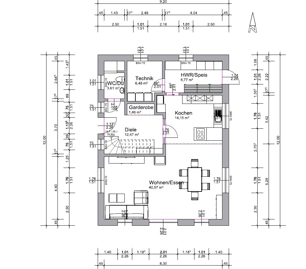 Grundriss Erdgeschoss: Küche, Wohnen/Essen, Diele, Technik, HWR/Speis, Garderobe, WC/Du.