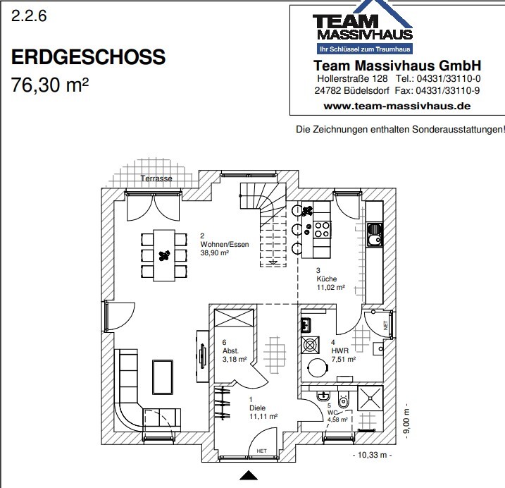 Grundriss Erdgeschoss: Wohnen/Essen, Küche, Diele, Terrasse, WC
