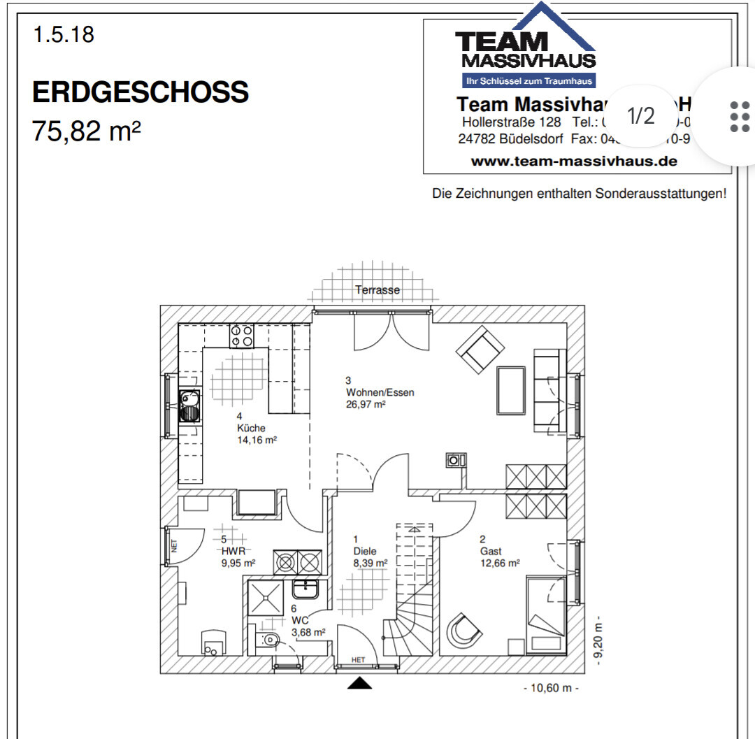 Grundriss Erdgeschoss mit Wohnen/Essen, Küche, Diele, HWR, WC, Gast, Terrasse (75,82 m²).