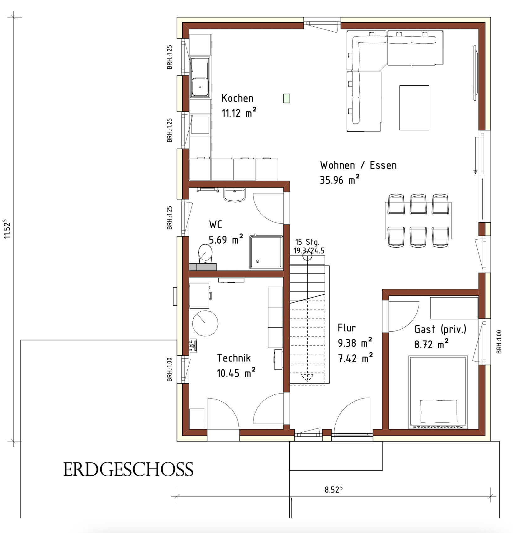 Grundriss Erdgeschoss: Küche, Wohn-/Essbereich, WC, Technik, Flur, Gästezimmer.