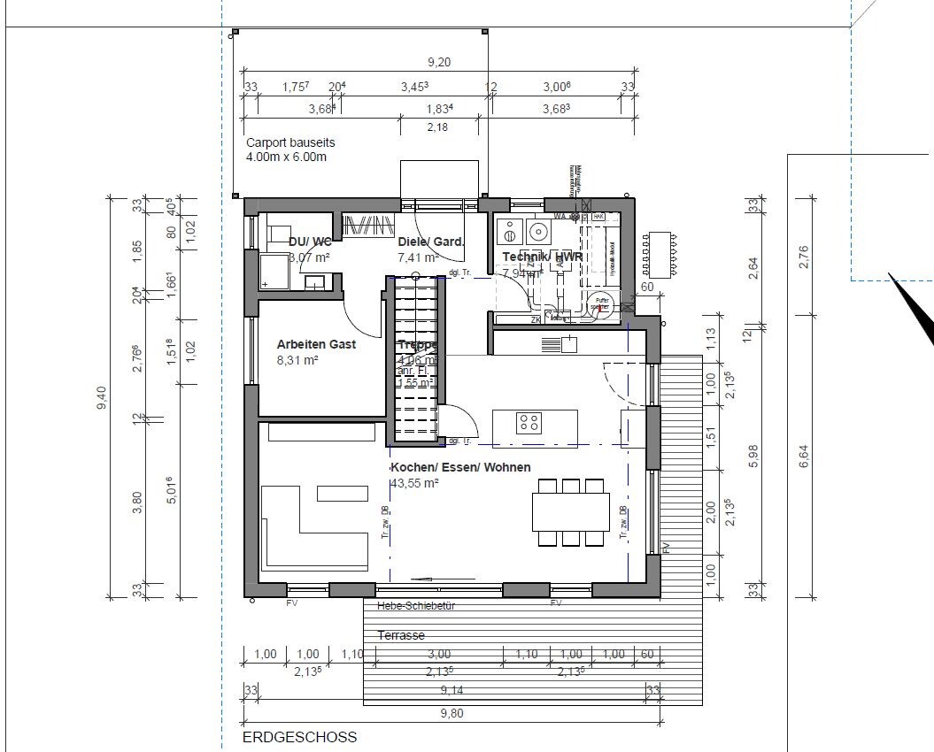 Grundriss Erdgeschoss: Küche/Essen/Wohnen, Arbeits-/Gästezimmer, Diele, Technik, Terrasse, Carport.