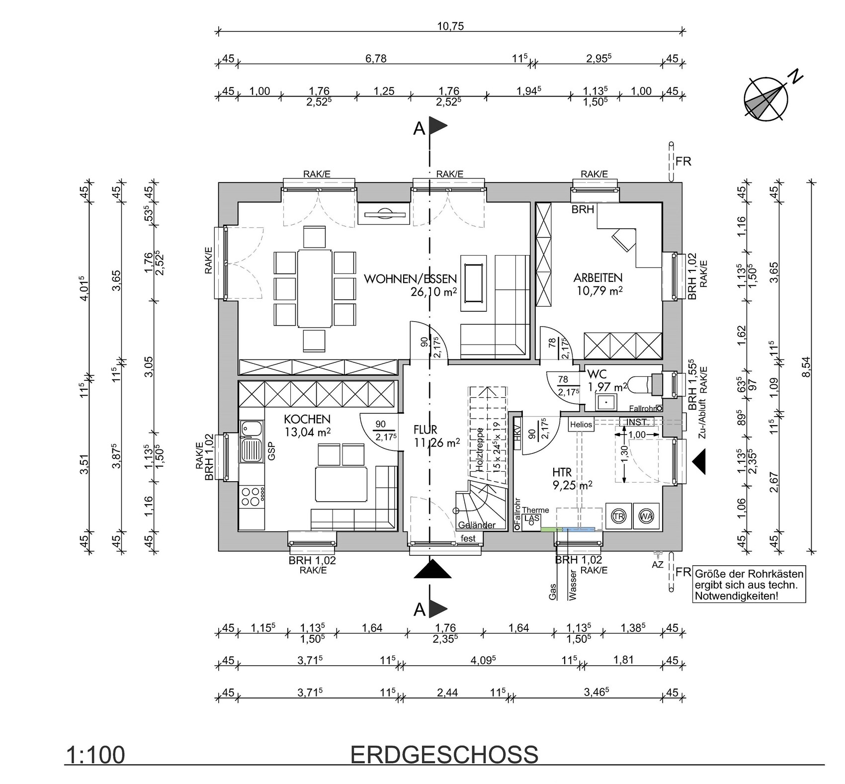 Erdgeschoss Grundriss mit Kochen, Wohnen, Arbeitsbereich und Flur