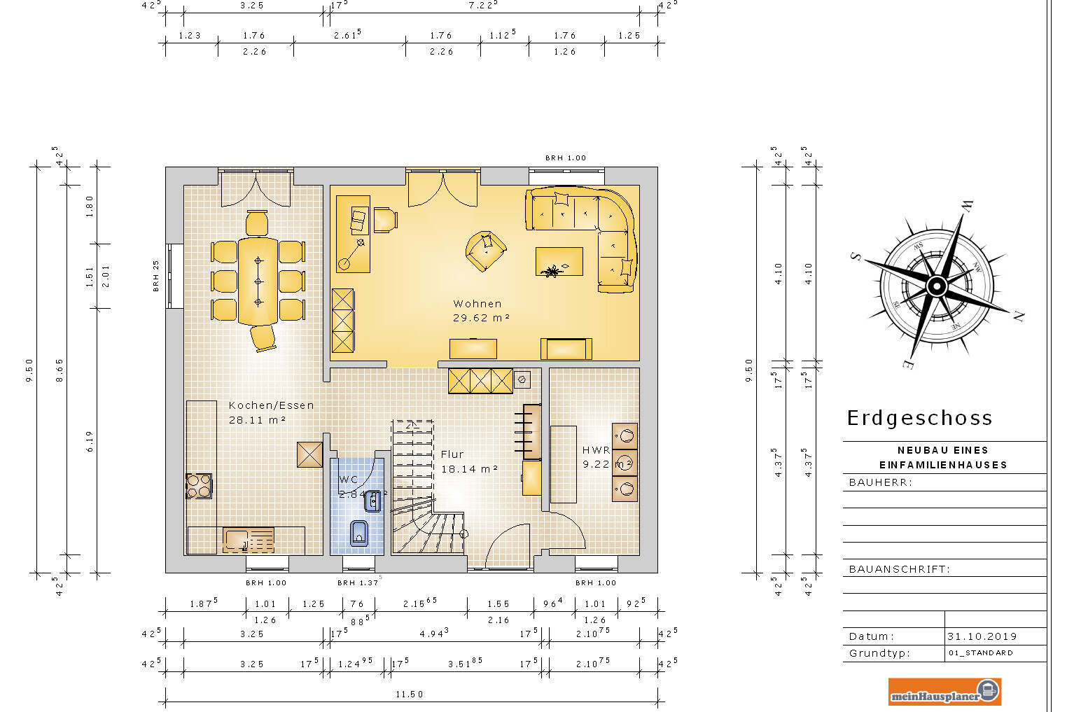 Erdgeschoss: Wohnzimmer (Sofa, Sessel), Essbereich Esstisch, Küchenbereich, Flur, WC, HWR, Treppe.