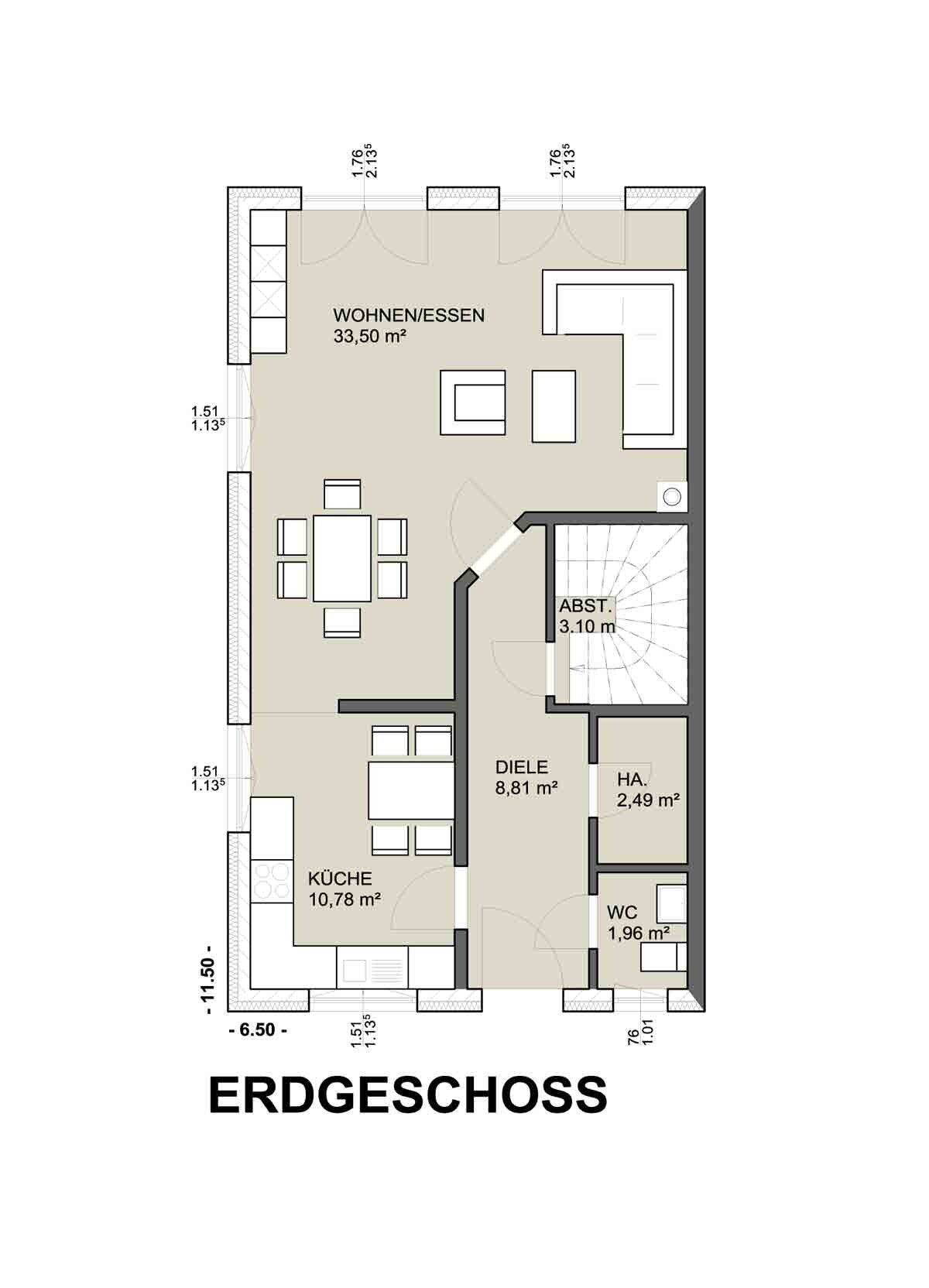 Grundriss Erdgeschoss mit offener Küche, Wohn-/Essbereich, Diele und WC