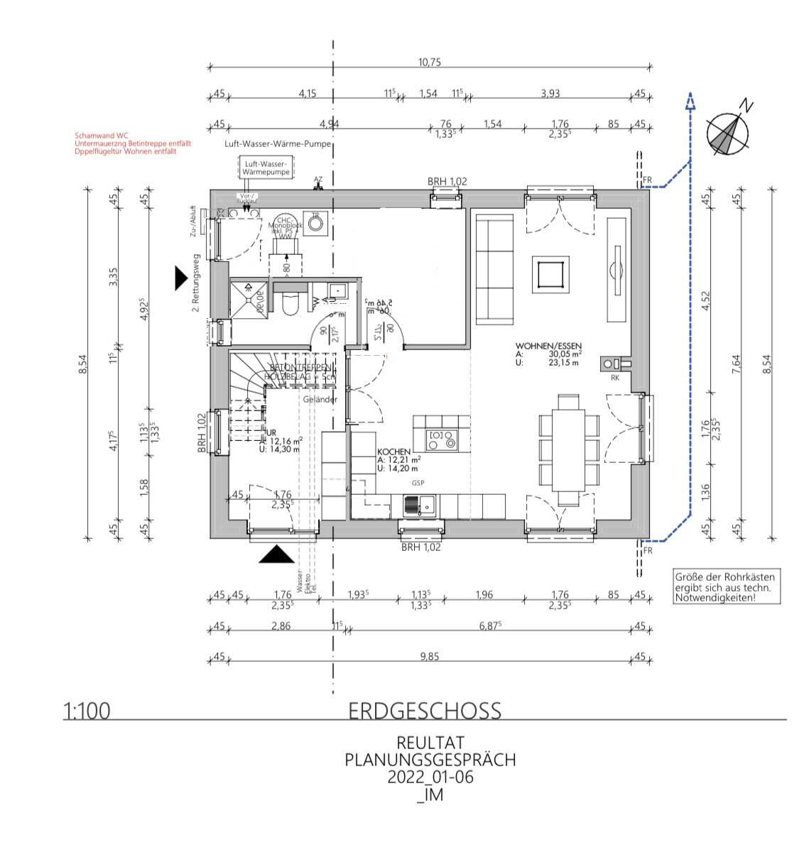 Grundriss Erdgeschoss mit Küche, Wohn-/Essbereich, Flur und Treppenhaus.