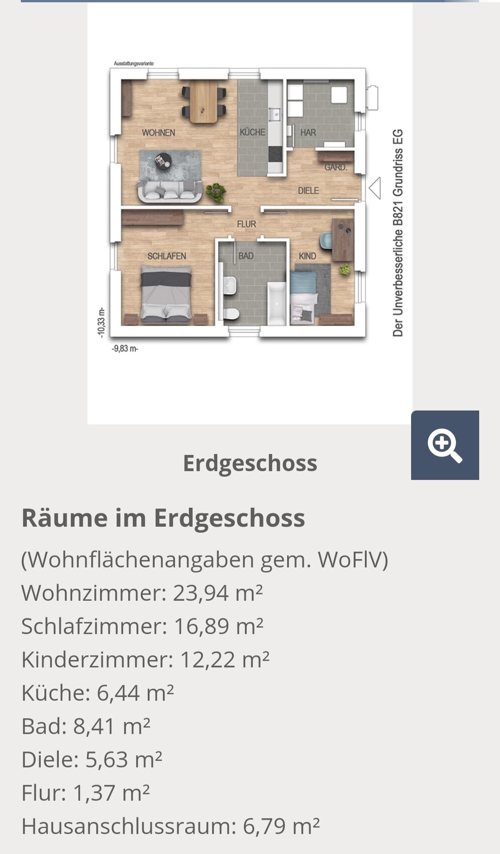 Grundriss des Erdgeschosses eines Hauses mit Wohnzimmer, Küche, Flur, Schlafzimmer und Bad.
