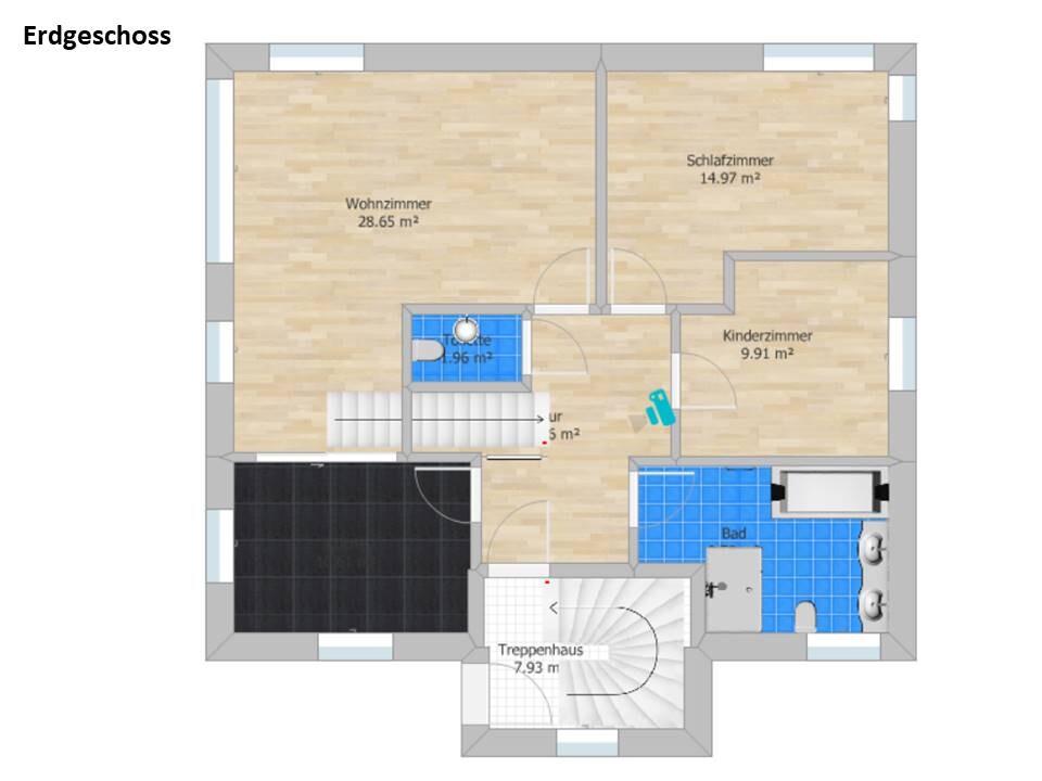 Grundriss Erdgeschoss: Wohnzimmer, Schlafzimmer, Kinderzimmer, Bad, Flur, Treppenhaus.