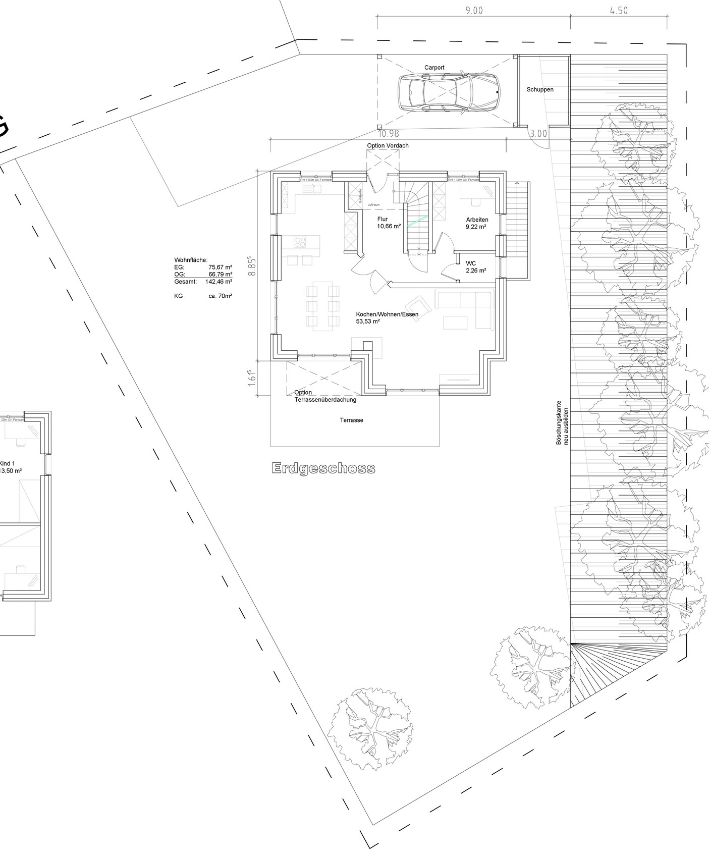Grundriss Erdgeschoss: Küche/Wohnen/Essen, Flur, Arbeiten, WC, Terrasse, Carport.