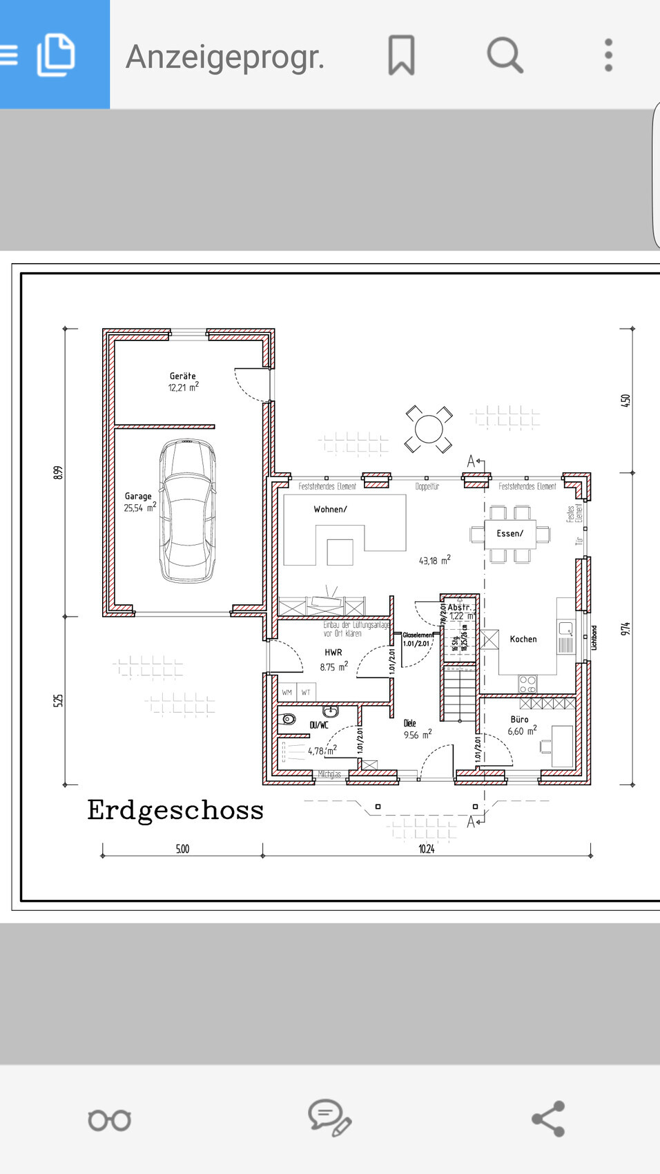 Grundriss Erdgeschoss: Garage mit Auto, Wohn- und Essbereich, Küche, Büro, HWR, Diele, Dusche/WC.