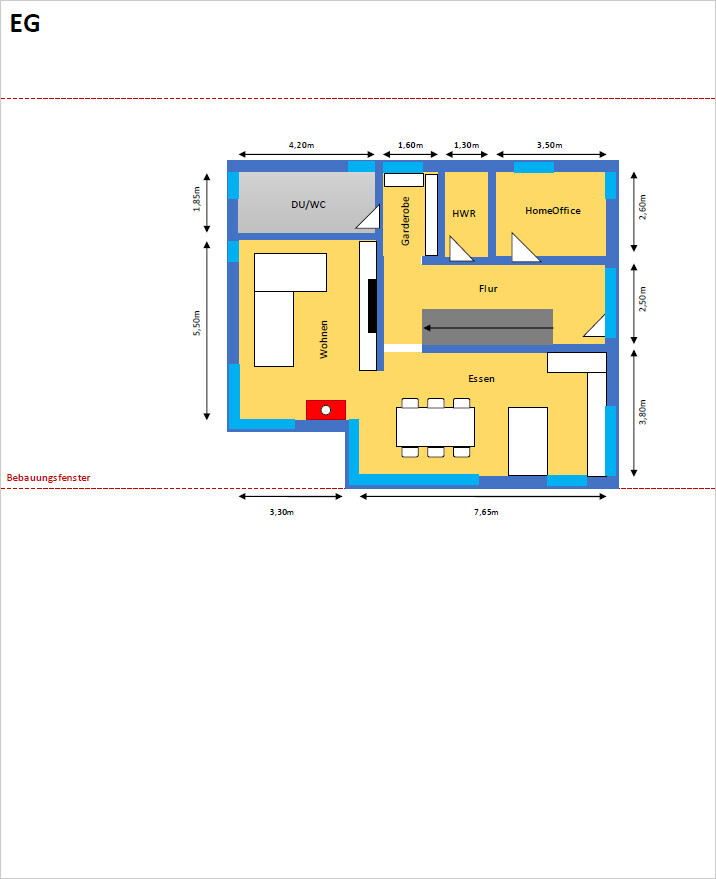 Grundriss eines Hauses mit Wohnzimmer, Essbereich, Küche, Garderobe, HWR, HomeOffice, DU/WC