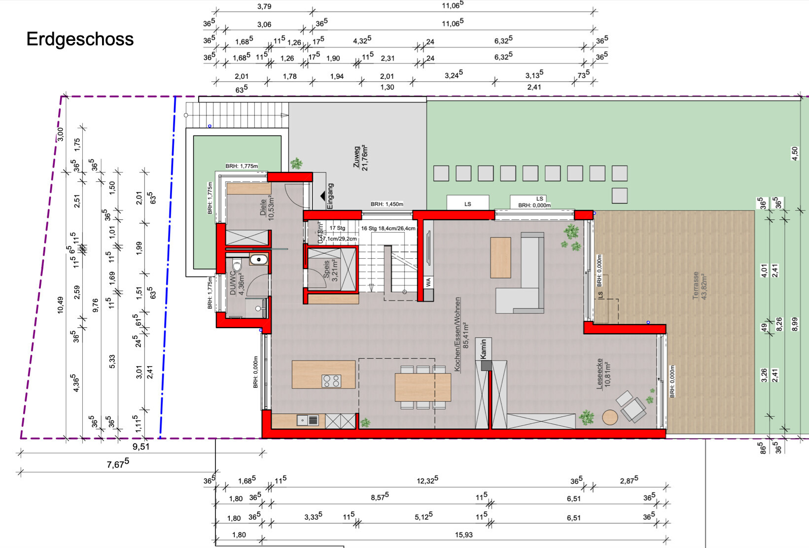 Grundriss Erdgeschoss: Küche, Essbereich, Wohnzimmer, Kamin, Terrasse und Garten.
