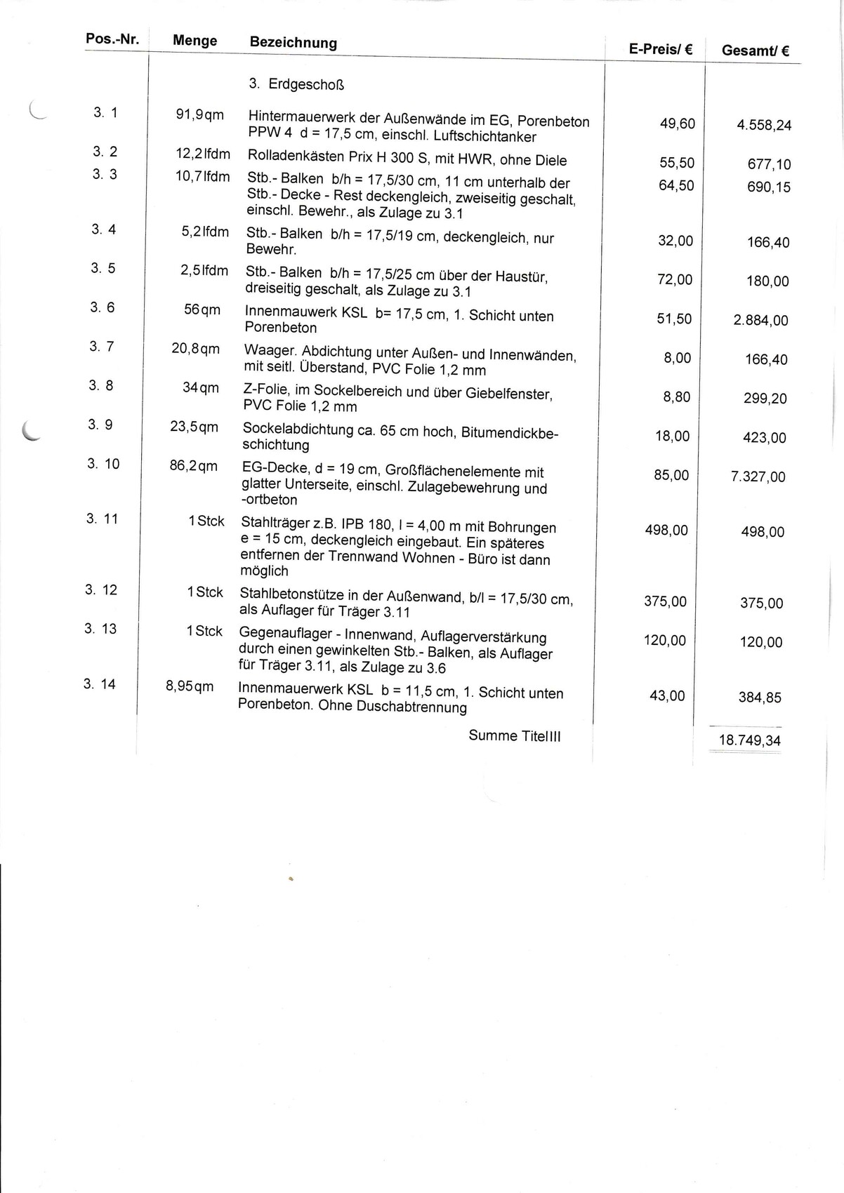 Baukostenliste mit Positionen 3.1–3.14, Mengen, Bezeichnungen und Preise.