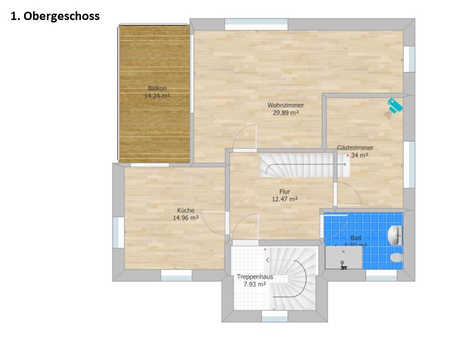 Grundriss des Obergeschosses: Balkon, Wohnzimmer, Küche, Flur, Gästezimmer, Bad.
