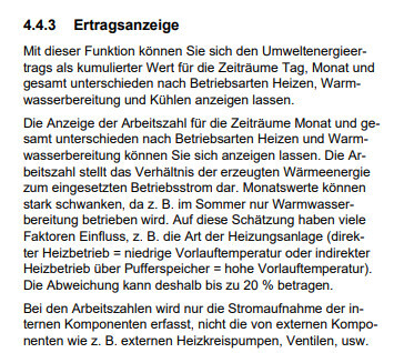 Screenshot einer Ertragsanzeige mit Text zur Energiekennwertberechnung im Gebäude