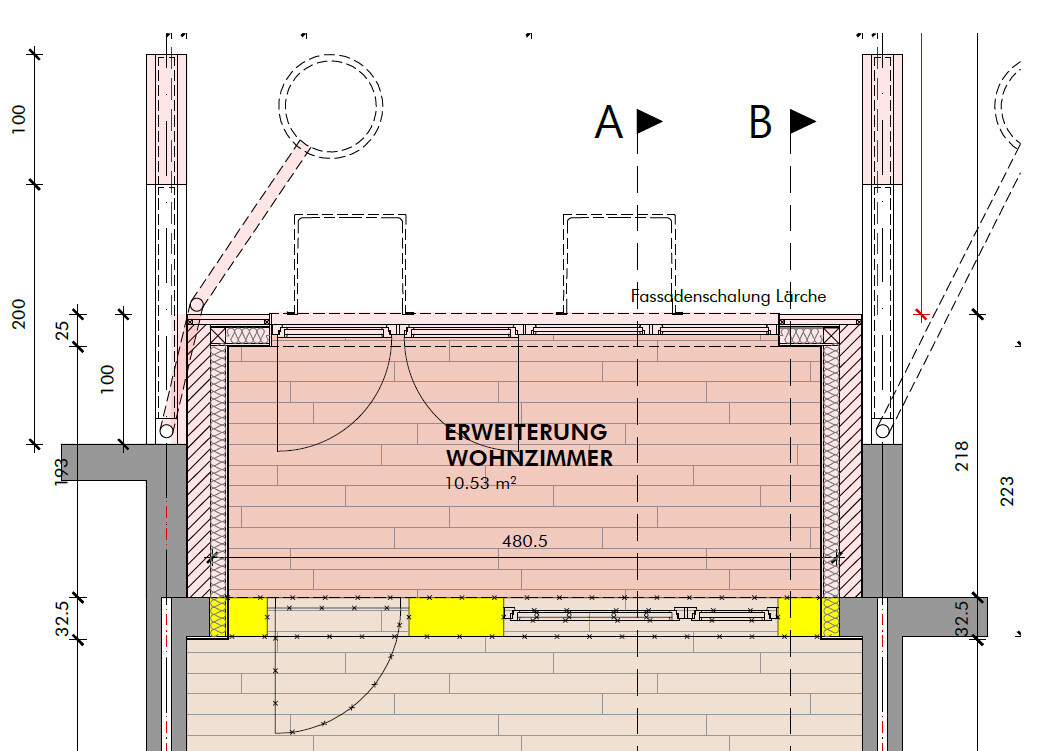 Grundriss: Erweiterung Wohnzimmer mit Maßen, Türen, Wänden und A/B-Markierungen.