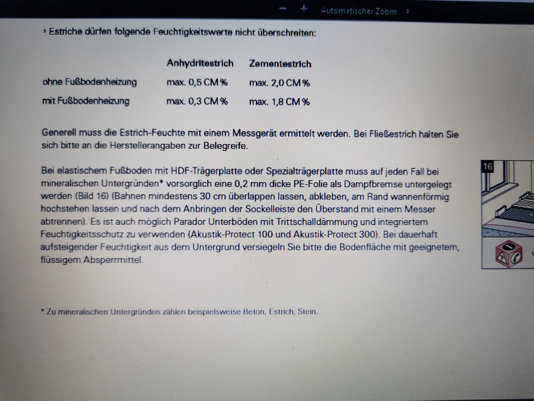 Dokument zeigt Estrich-Feuchtewerte, Tabellen und Bauhinweise, kleines Diagramm rechts.