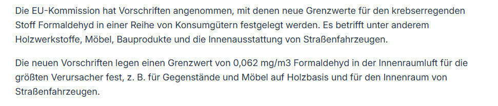 Textausschnitt zu EU-Vorschriften über Formaldehyd-Grenzwerte in Innenraumluft