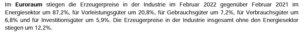 Text im Bild: Eurozone Industrie-Erzeugerpreise 2022 vs. 2021, starker Anstieg nach Sektoren.