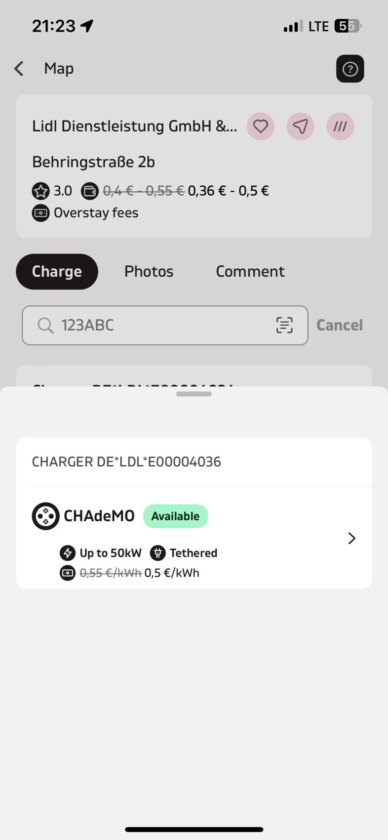Lade-App: Lidl Behringstraße 2b, 3,0 Sterne, Overstay fees, CHAdeMO verfügbar