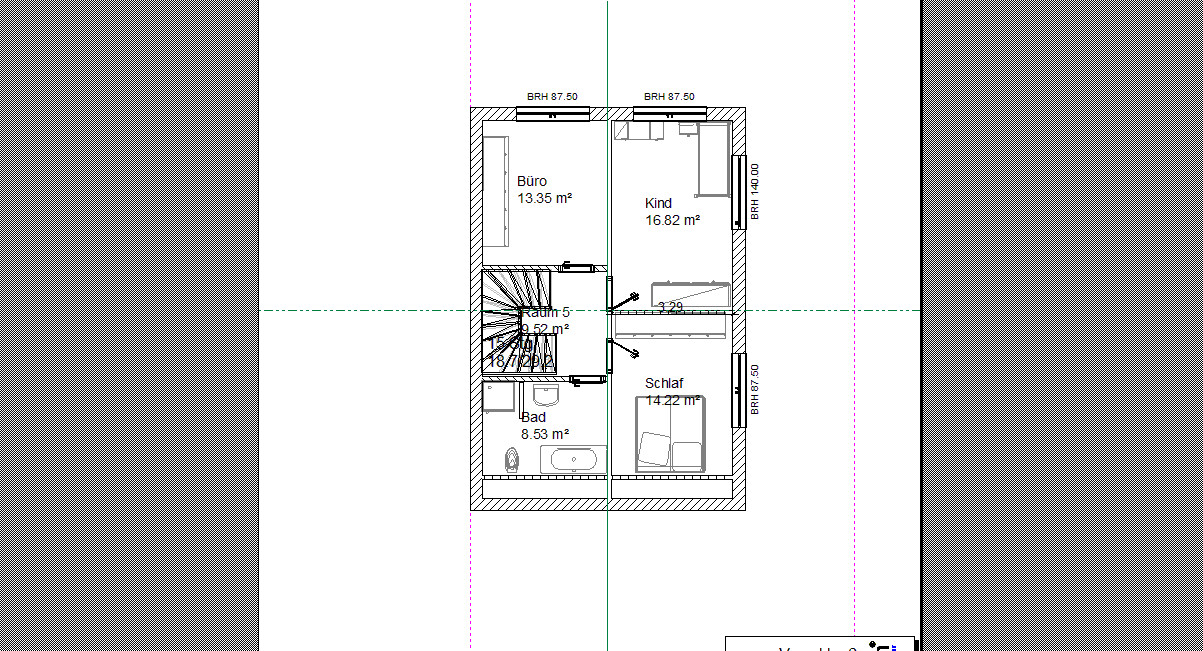 Grundriss eines Obergeschosses: Treppenhaus, Büro, Kind, Schlaf, Bad.