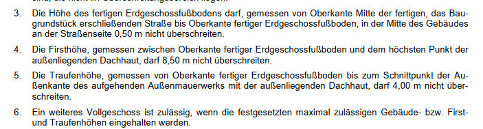 Seite mit Bauvorschriften zur Höhenbegrenzung: Erdgeschoss, Firsthöhe und Traufe.