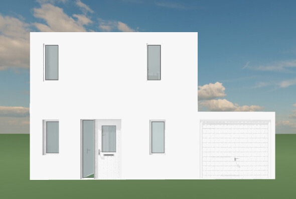Weiße moderne Hausfront mit mehreren Fenstern, Eingangstür und Garage.