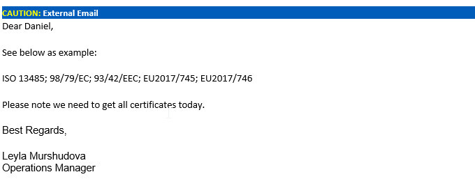 Screenshot einer externen E-Mail mit Warnhinweis Banner und Textinhalt