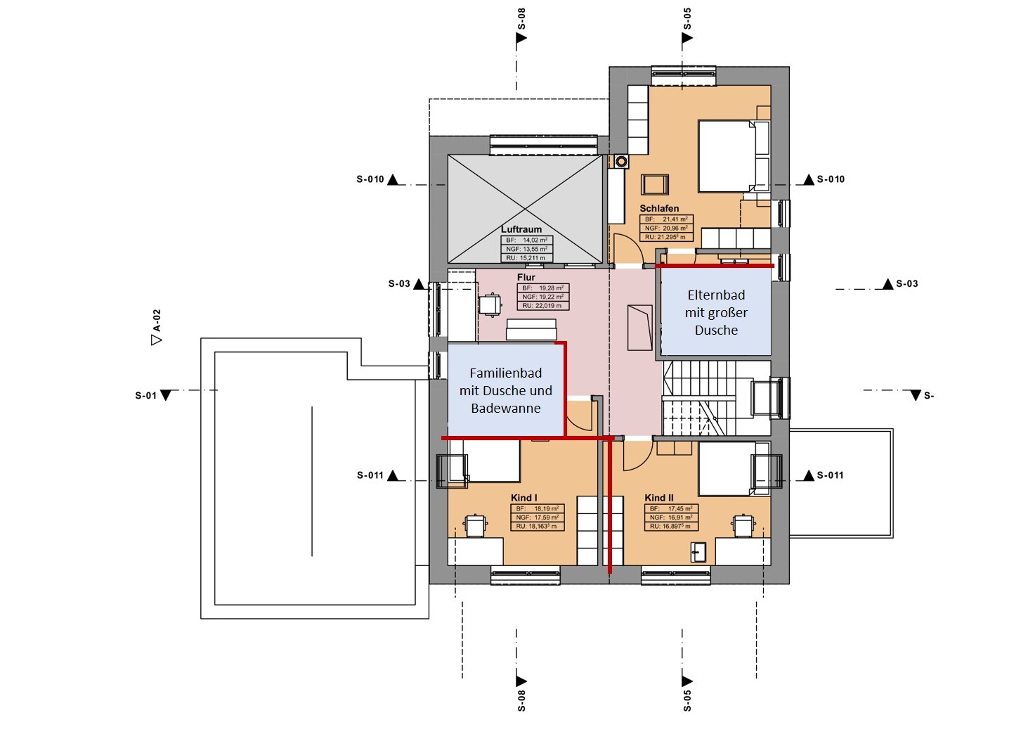 Grundriss eines Wohnhauses: Schlafzimmer, zwei Bäder (Eltern- und Familienbad), Flur und Kinderräume