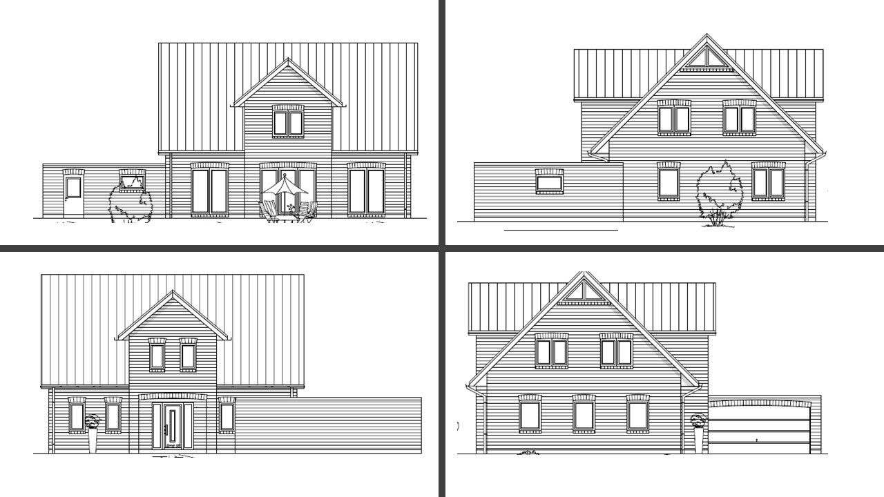 Vier Ansichten eines zweigeschossigen Hauses mit Satteldach, Holzverschalung, Terrasse und Garage.