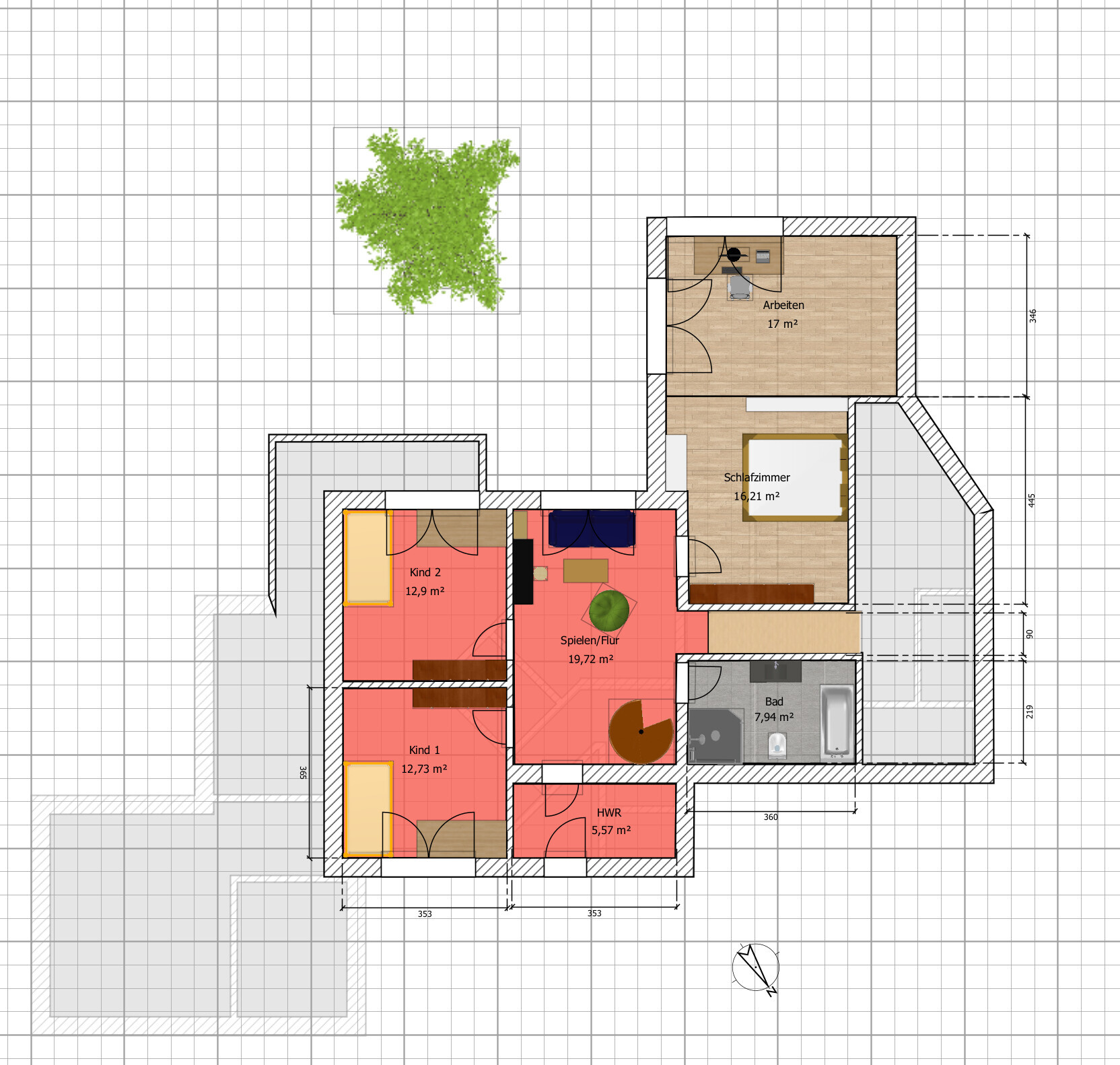 Grundriss: Schlafzimmer, 2 Kinderzimmer, Arbeitszimmer, Flur/Spielen, Bad, HWR, Baum im Garten.