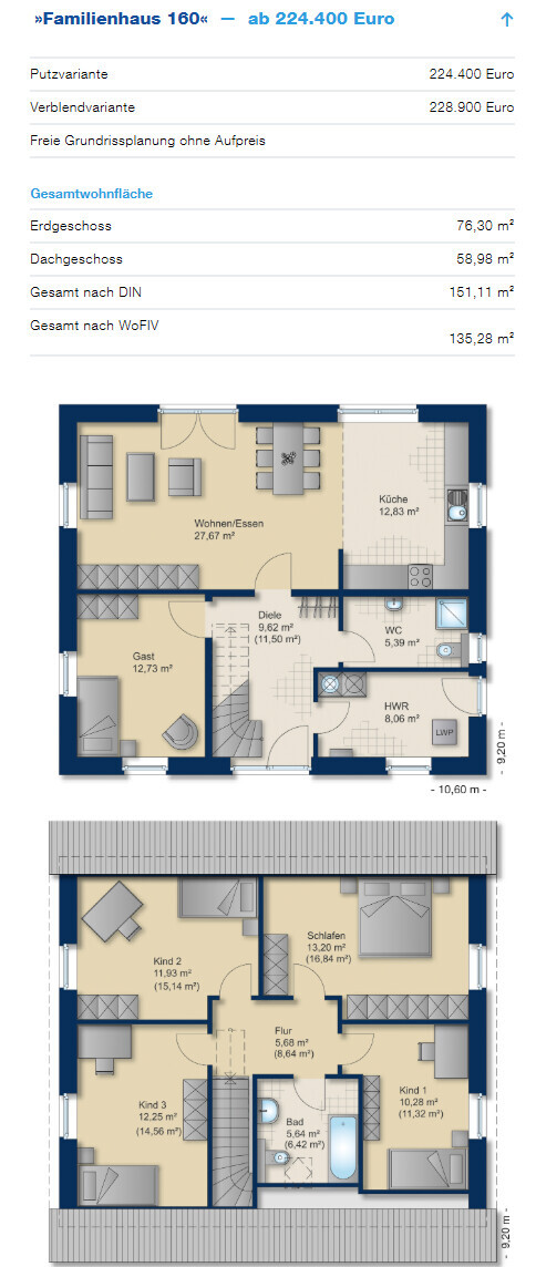 Zweistöckiger Hausgrundriss mit Wohnzimmer, Küche, Flur und Schlafzimmer.