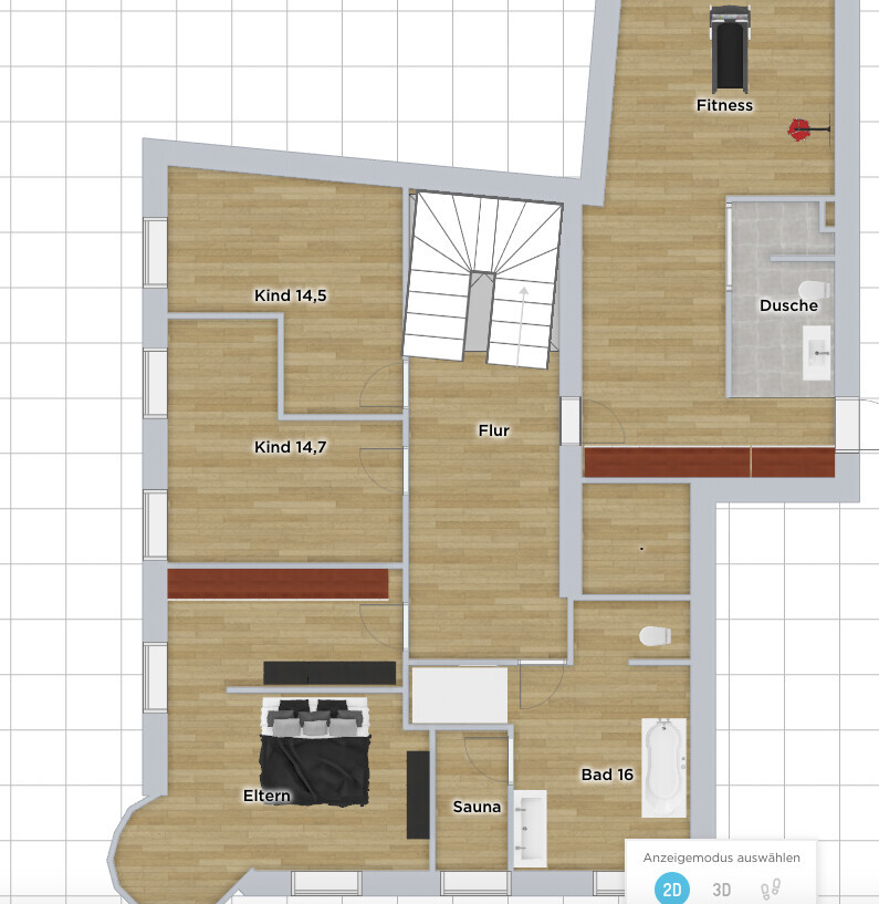 Grundriss eines Hauses: Flur, Elternzimmer, zwei Kinderzimmer, Sauna, Bad, Dusche und Fitnessbereich.