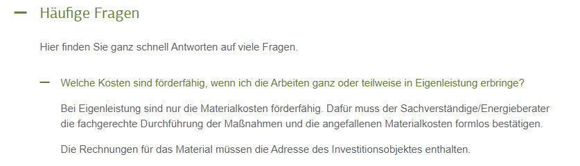 Screenshot einer FAQ-Seite mit 'Häufige Fragen' zur Förderfähigkeit von Eigenleistungen.