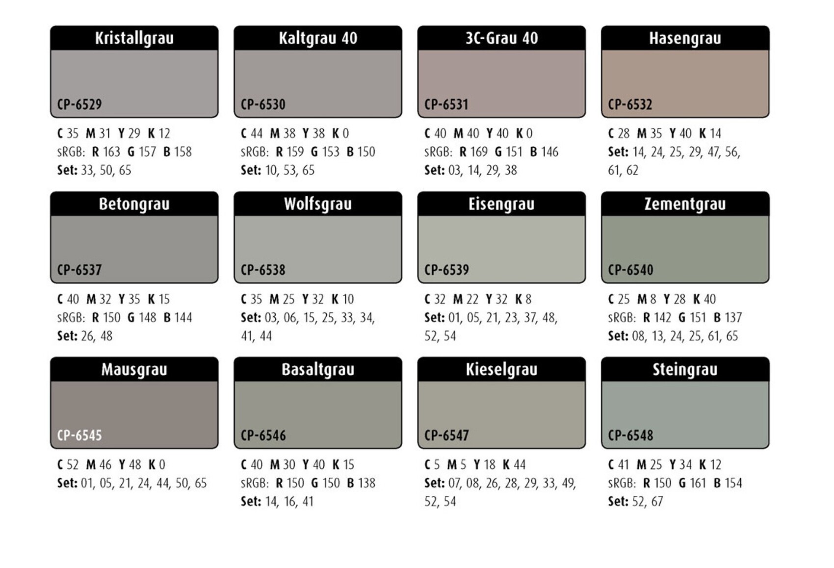 Bild zeigt eine Tabelle mit 12 Grautönen (Farbnamen, Farbwerte CP-, CMYK- und sRGB-Codes).
