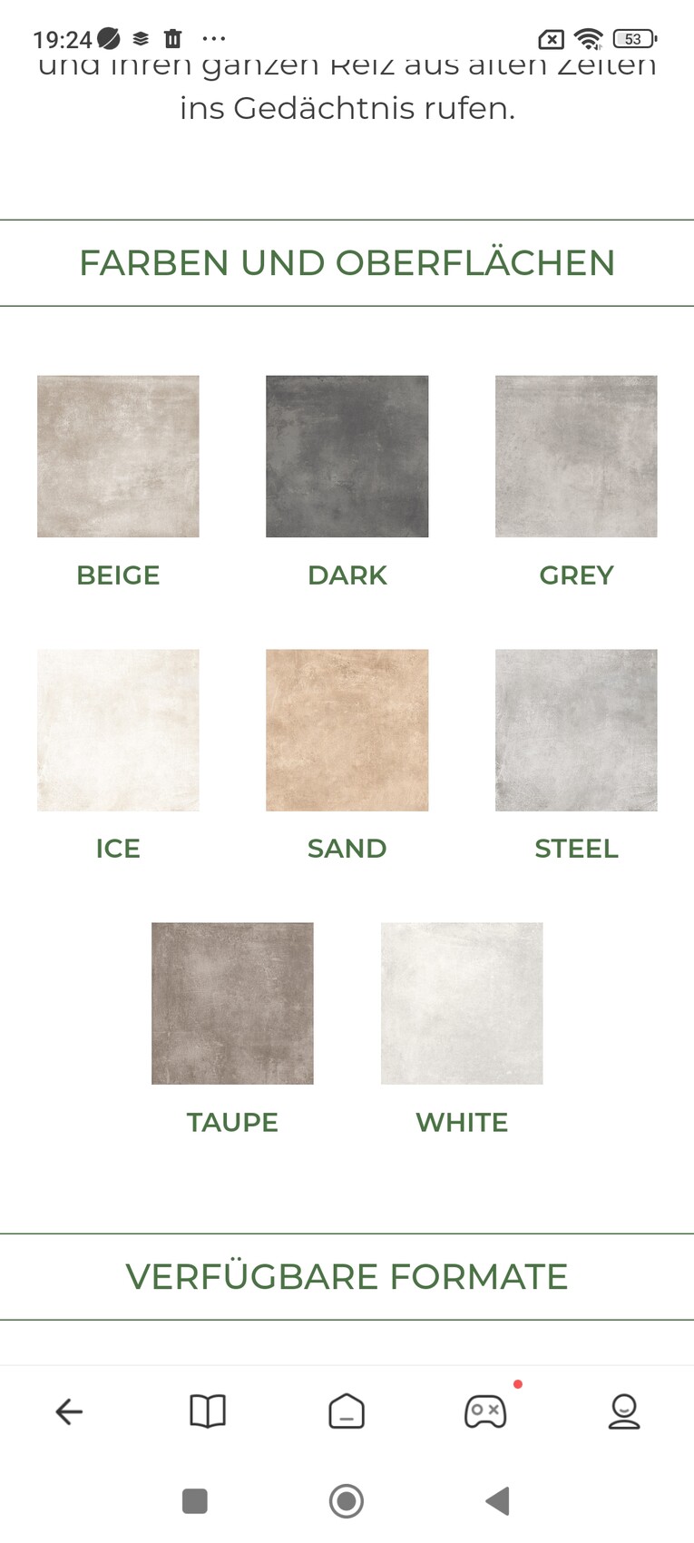 Acht quadratische Farbmuster: Beige, Dark, Grey, Ice, Sand, Steel, Taupe, White.