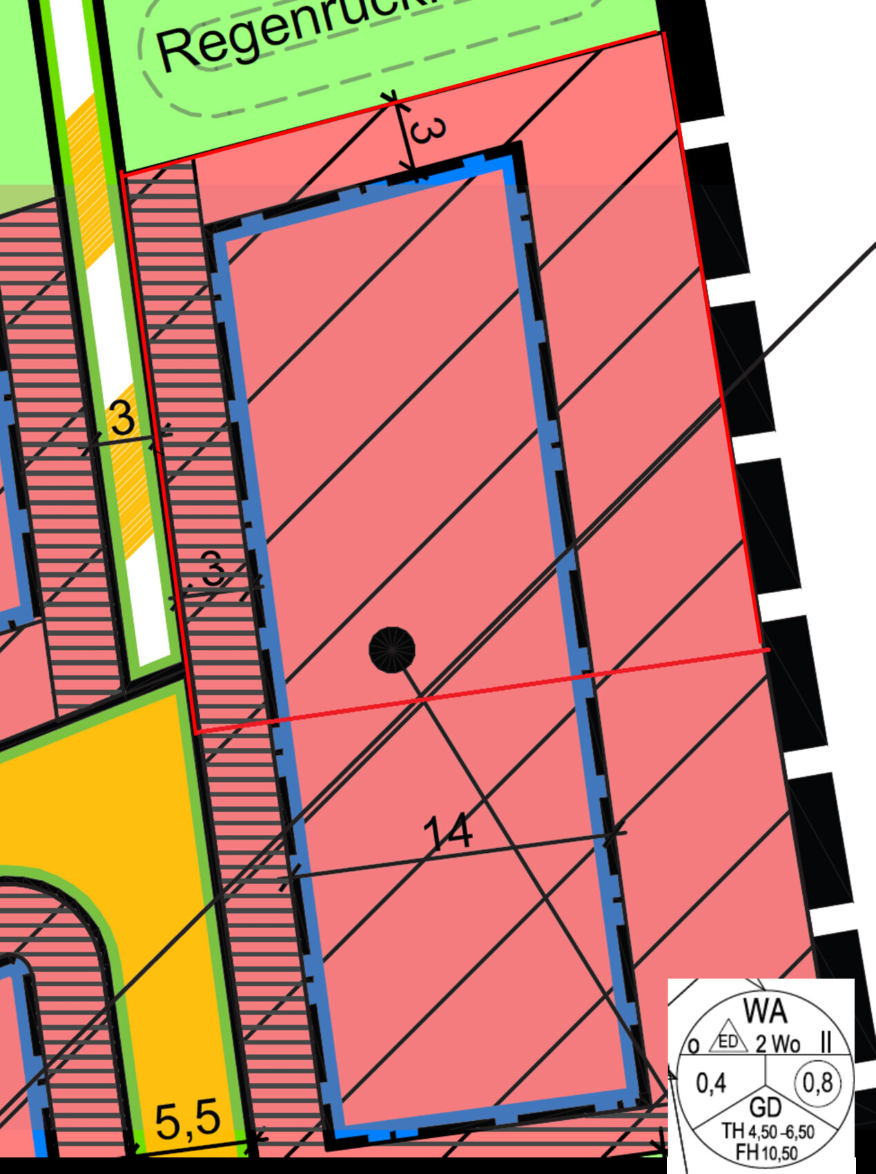 Technischer Bauplan/Grundriss mit farbigen Bereichen, Linien, Maßzahlen und Beschriftungen.