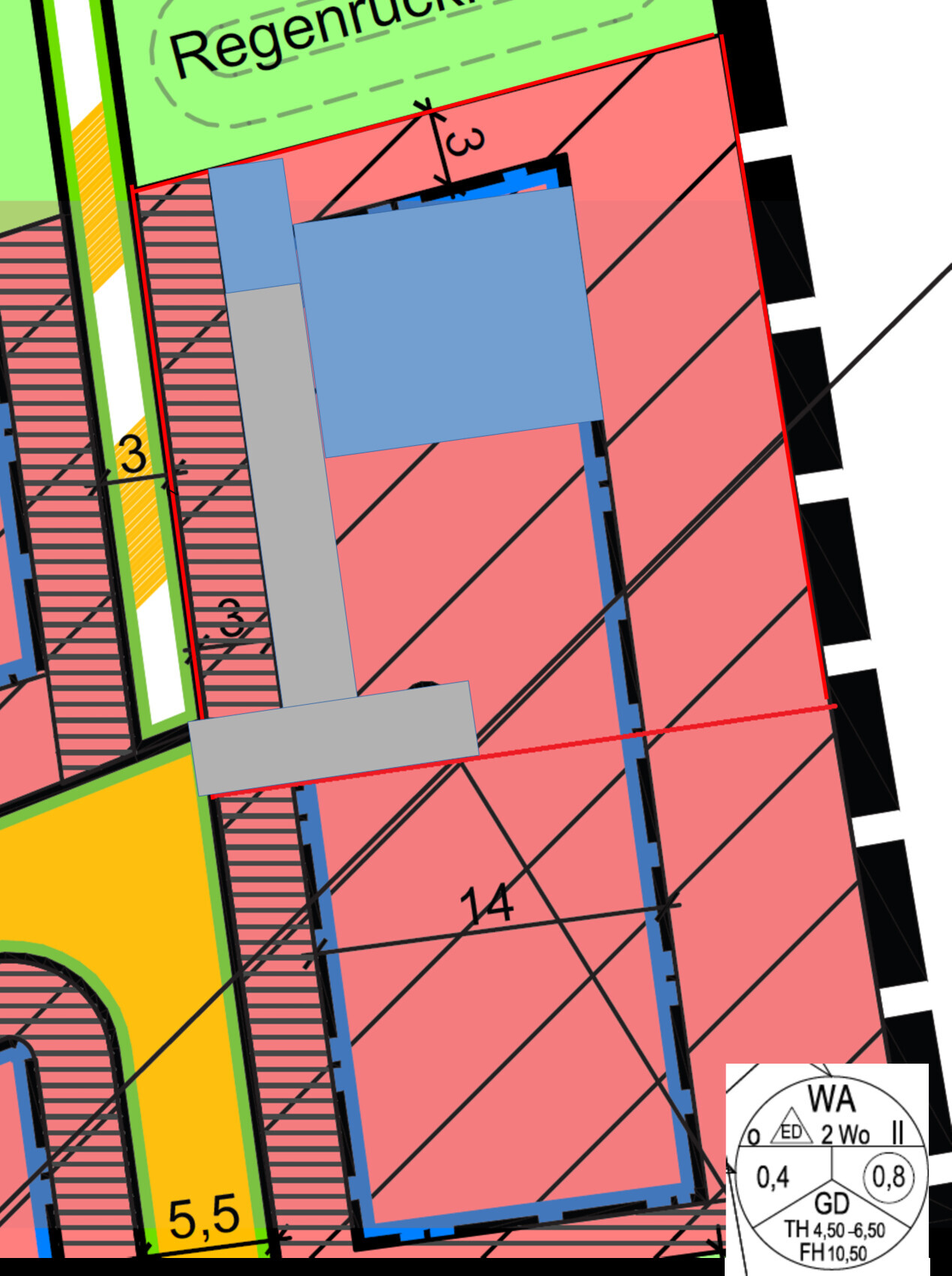 Farbig gezeichneter Grundrissplan eines Gebäudes mit farbigen Bereichen und Maßen.