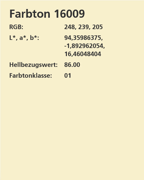 Farbton 16009: Beige Farbfeld, RGB 248,239,205, Helligkeit 86