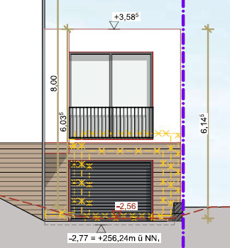 Architektur-Schnittansicht einer Hausfassade mit Balkon, Garage und Holzterrasse