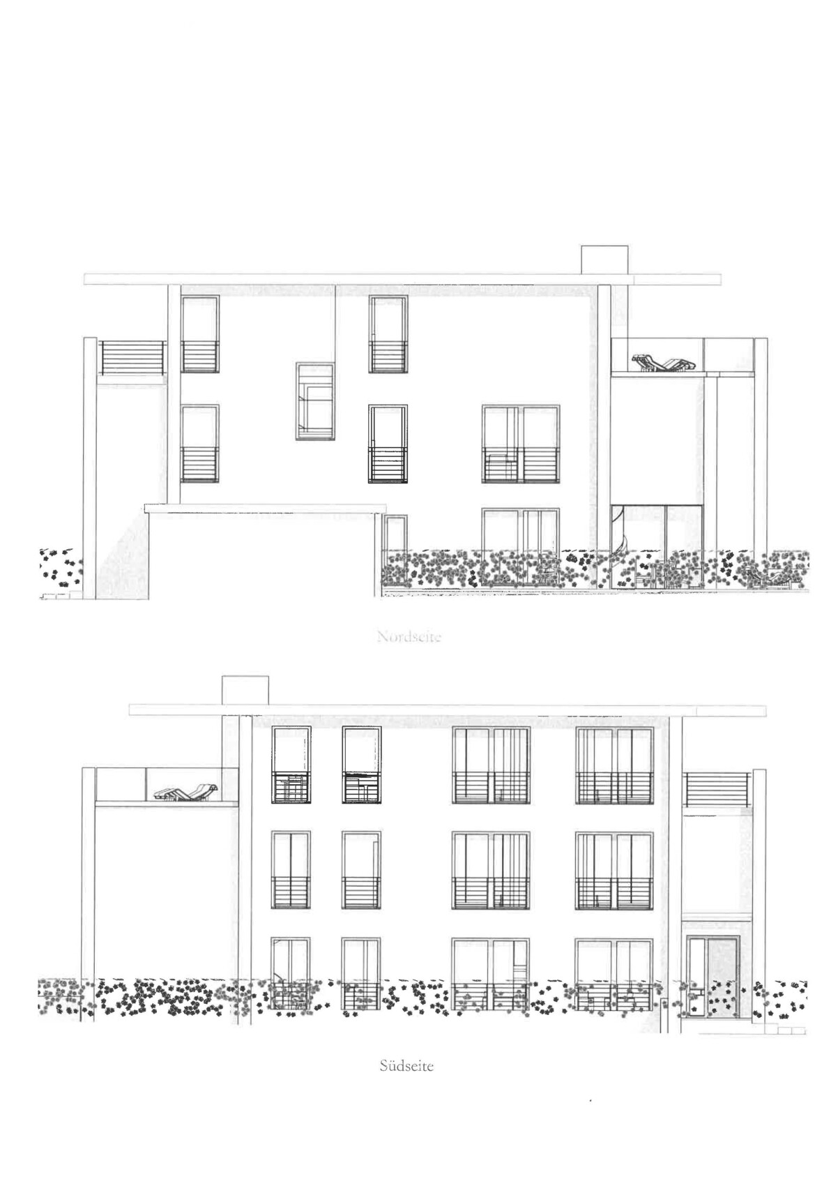 Zwei Ansichten einer modernen Wohnhausfassade, Nord- und Südseite mit Fenstern und Balkonen