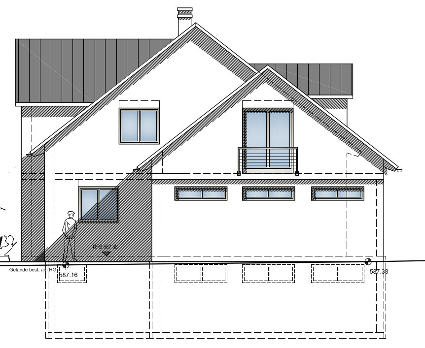 Außenansicht eines Hauses mit Satteldach, Fenstern und Garage im Architekturplan