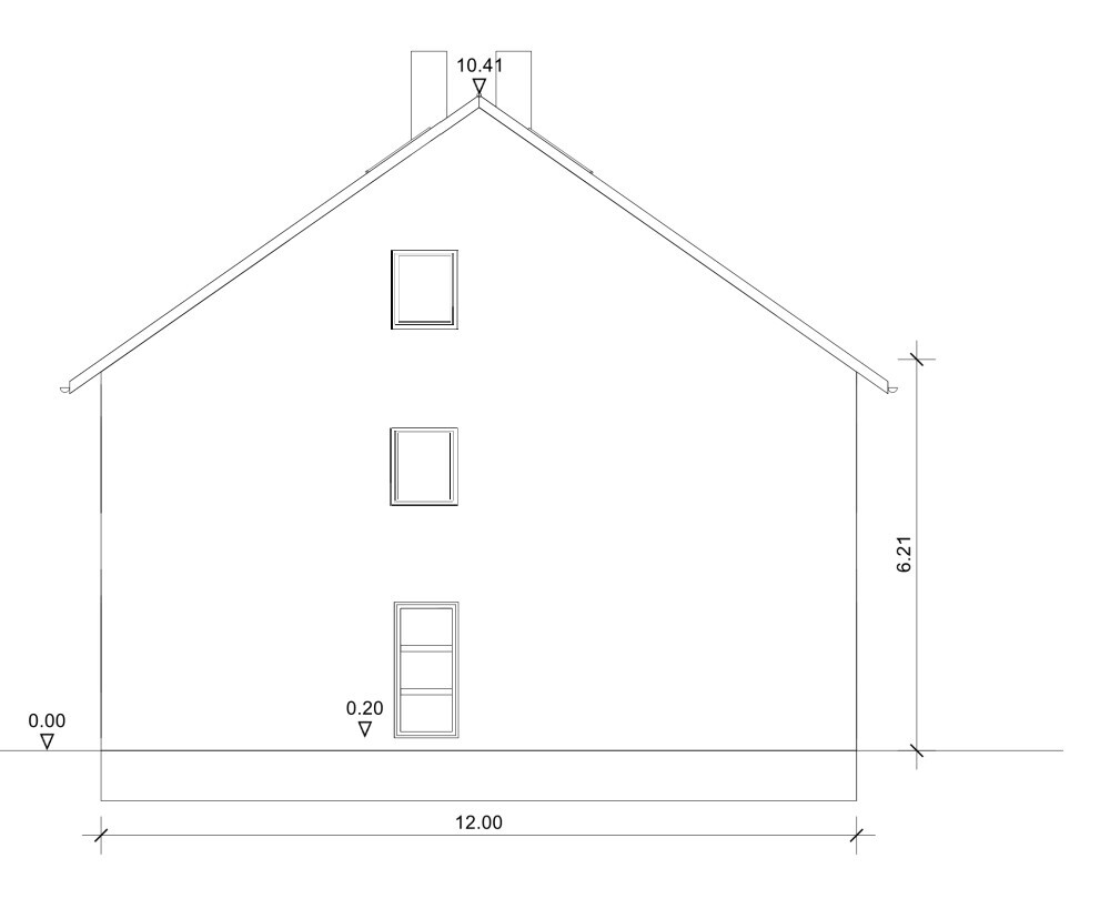 Vorderansicht eines zweistöckigen Hauses mit Satteldach, drei vertikale Fenster und Eingang unten