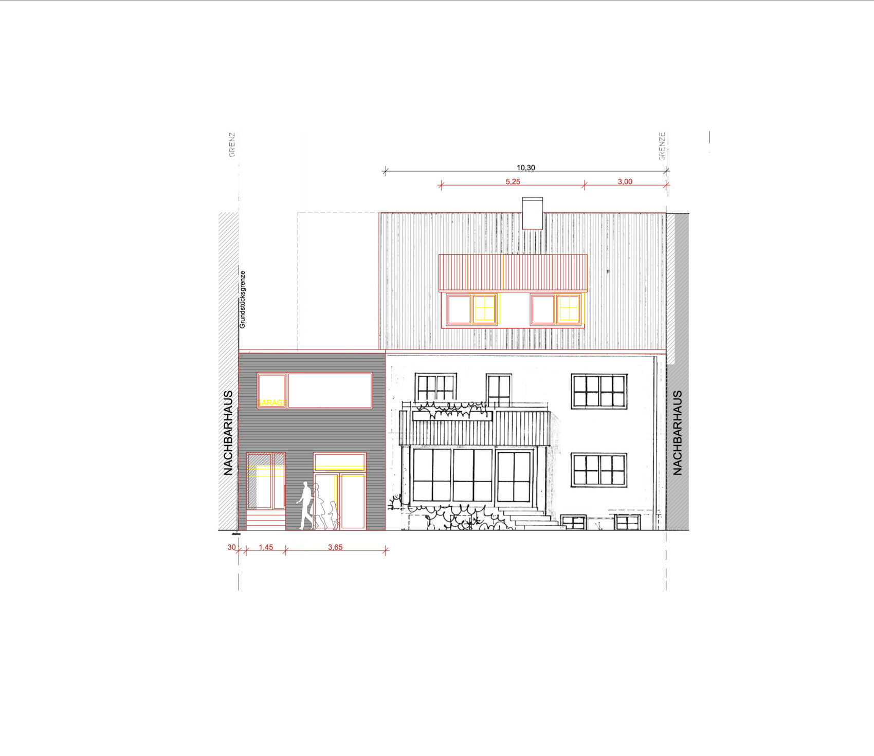 Architekturzeichnung einer mehrgeschossigen Hausfassade mit Balkon und Nachbarhäusern
