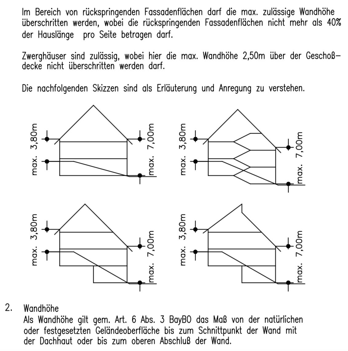Vier Diagramme zu Gebäudefassaden mit Höhenmaßen (3,80/7,00 m) und erläuterndem Text.