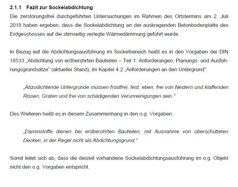 Abschnitt mit Fazit zur Sockelabdichtung im Fundamentbericht