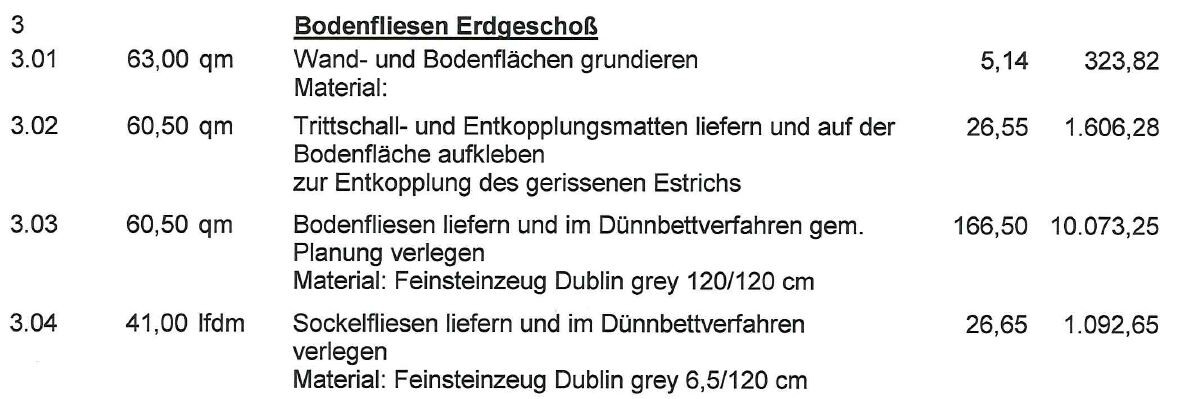 Tabelle mit Bodenfliesen Erdgeschoss: Positionen 3.01–3.04, Flächenangaben und Materialien.