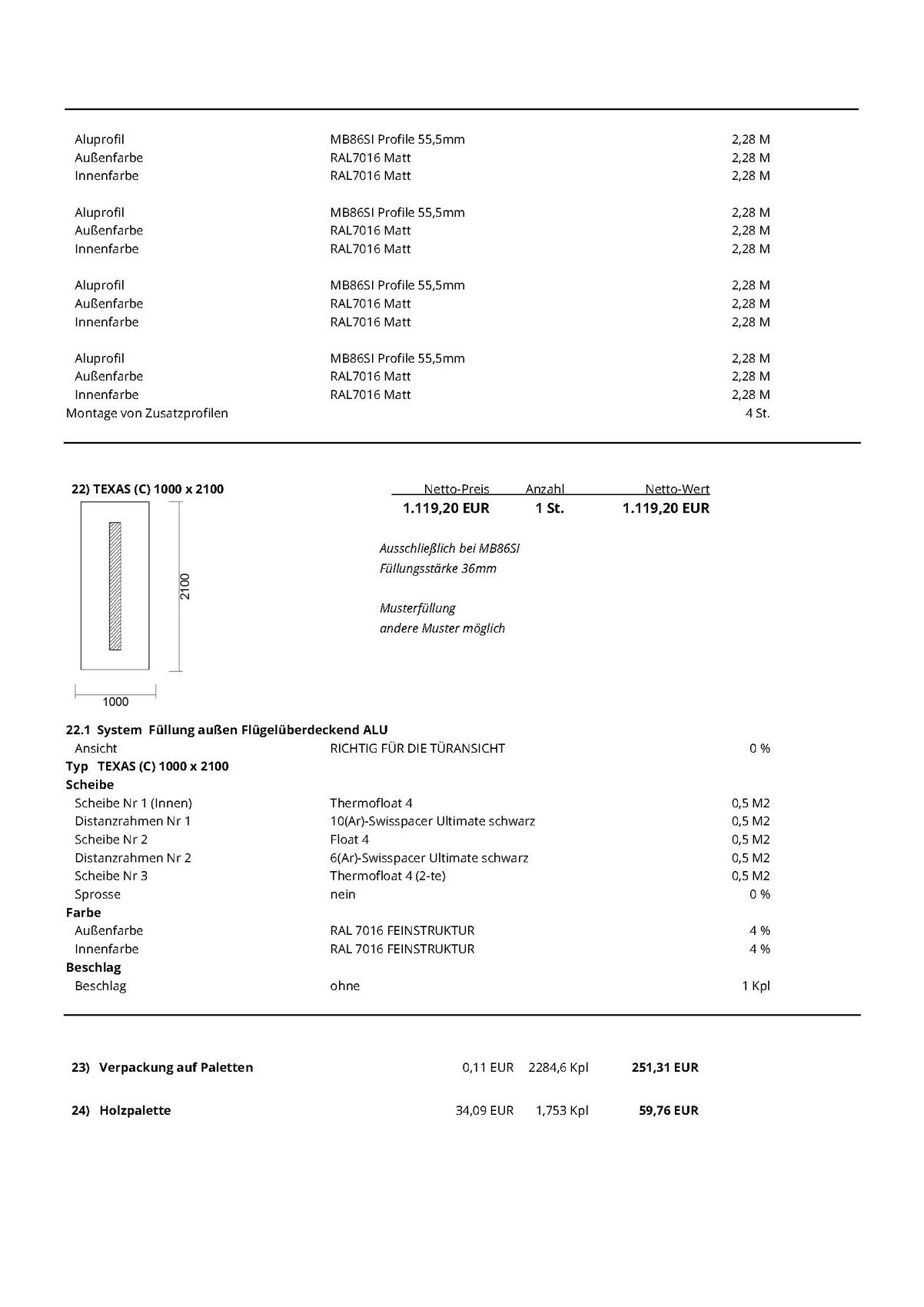 Technische Preisliste mit Abmessungen 1000 x 2100 und Diagramm TEXAS, Spezifikationen und Preise.